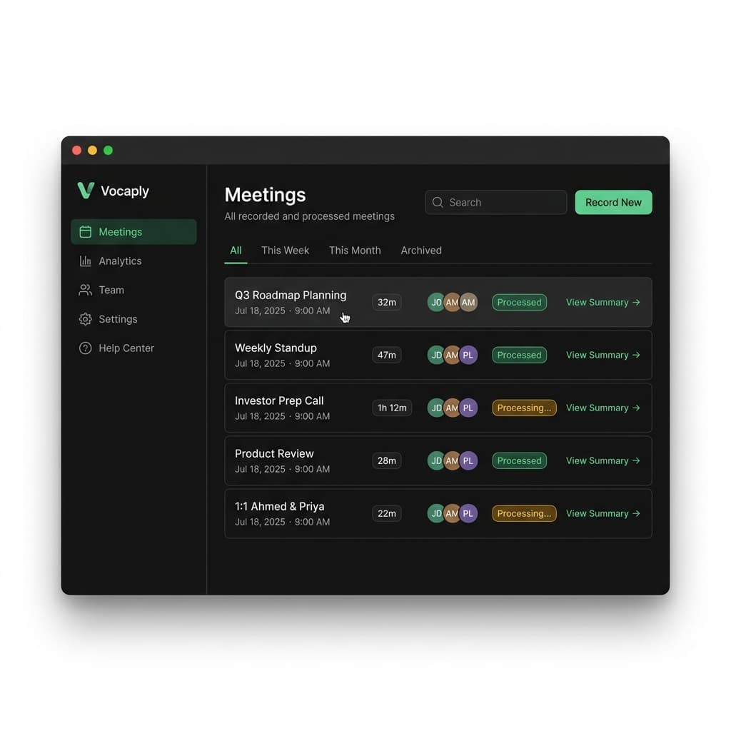 Vocaply meetings list — all recorded and processed meetings